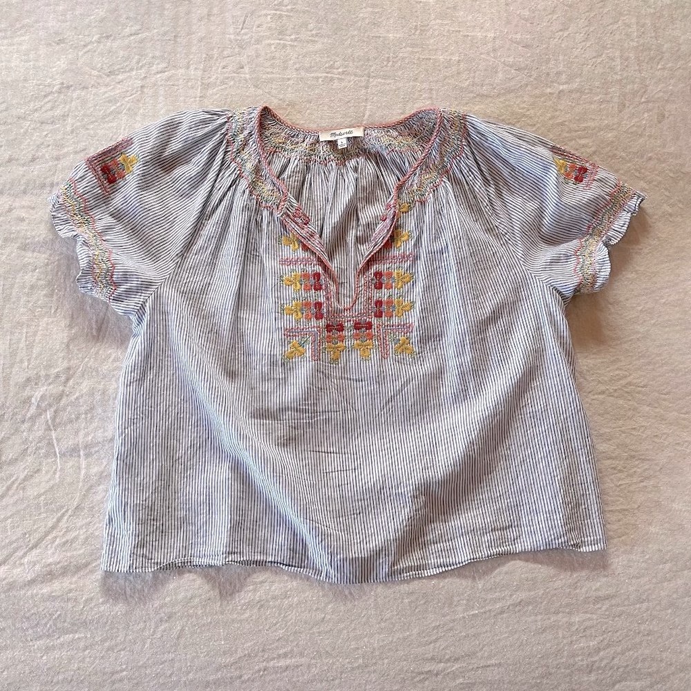Madewell Embroidered Smocked Peasant Top Size Large